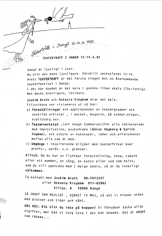 Kutsu Hangö Teaterträff -festivaalille 12.–14.6.1993, kuvassa on kirjoituskoneella kirjoitettua tekstiä ja Antonia Ringbomin tekemiä kuvituskuvia.