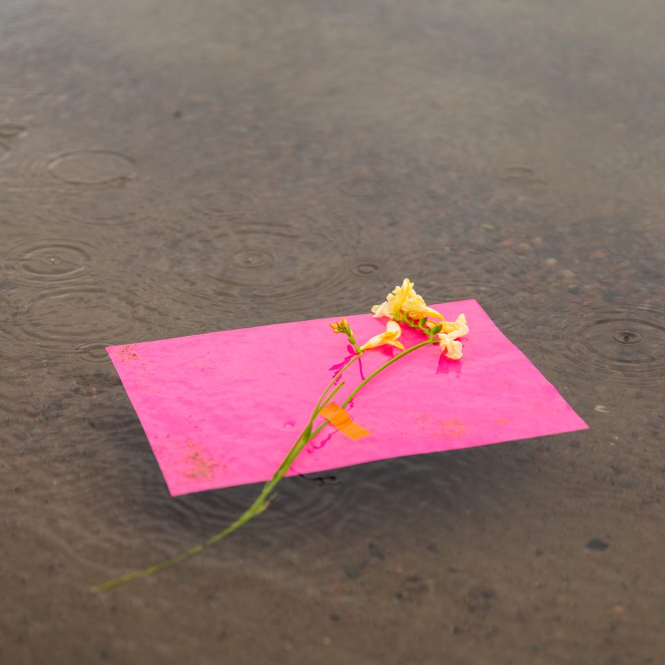 A pink paper with two flowers taped to it floats in the water, with rain drops falling down.