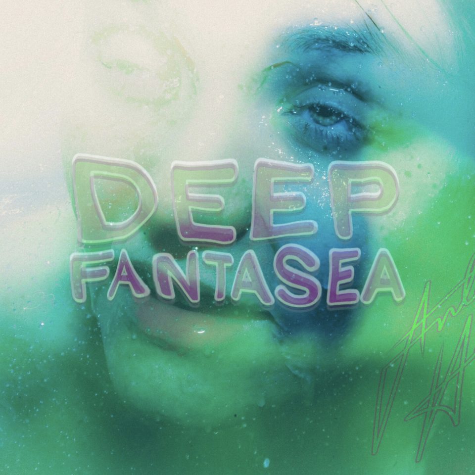 A wet person looks upwards, the colour-scheme is blue-green; on the person it says "Deep Fantasea" as well as Antonia Henn's signature.