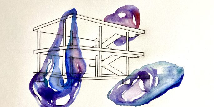 Kuvituskuva kolmikerroksisesta rakennelmasta, jonka päälle on sommiteltu kolme sinistä maaliläikkää.