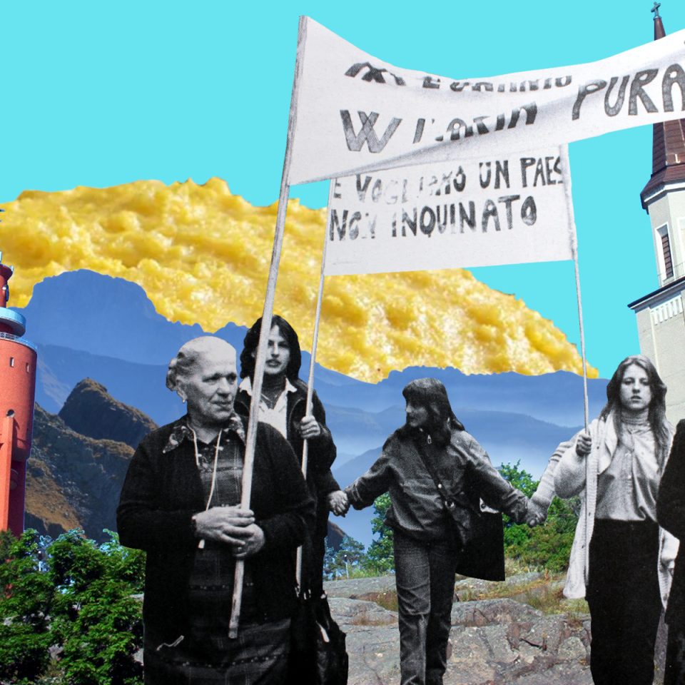 Collage with blue background, a yellow polenta and mountains; in the foreground, there are Hanko's church and tower and five women with protest banners in their hands.