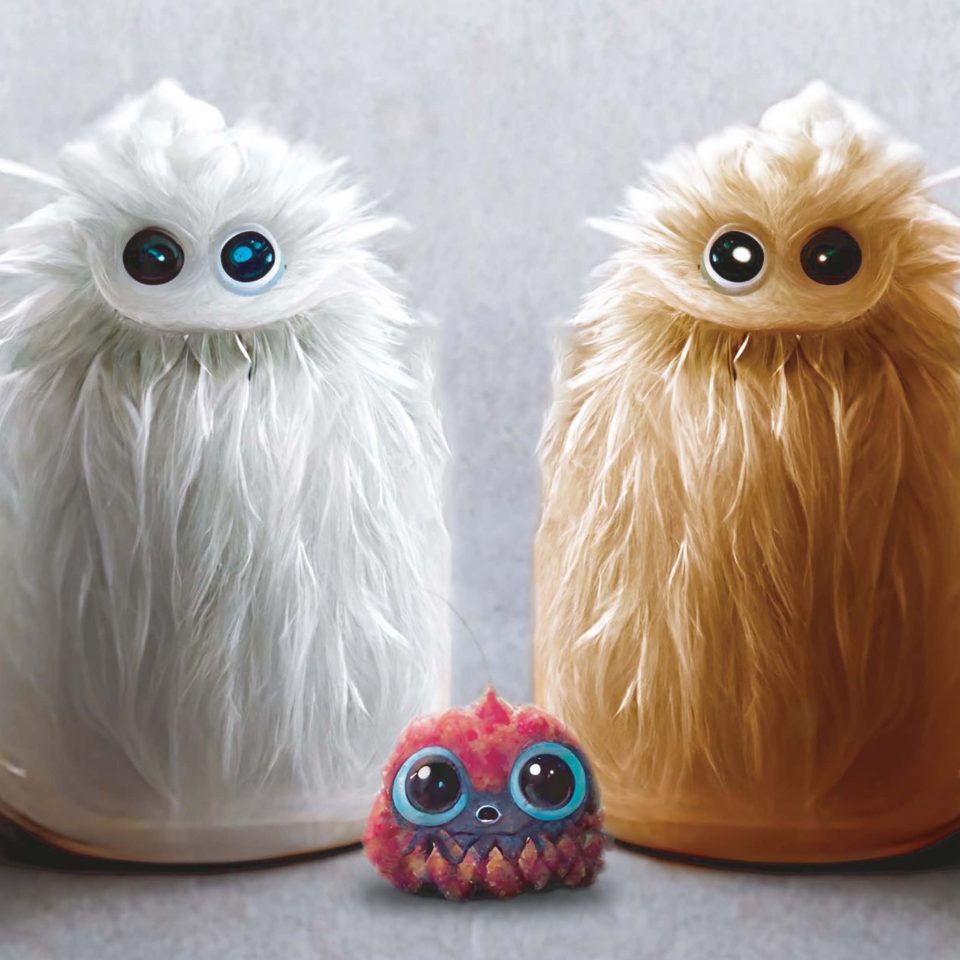 Three fluffy fantasy figures, one of which is very small and has very large eyes.