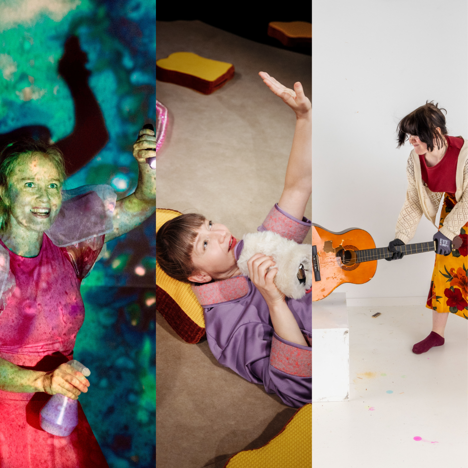 Kollage med tre bilder: Pauliina Vesslin som karaktären Pink, Meri Anna Hulkkonen som ligger på golvet och tittar upp mot sin hand, en kvinna i blommig kjol som håller på att förstöra en gitarr.