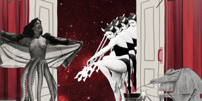 En surrealistisk kollage där dansare med horn träder fram genom en dörröppning mot ett svartvitt rutigt golv, med djävlar, varelser av blandat ursprung och röda teaterridåer.