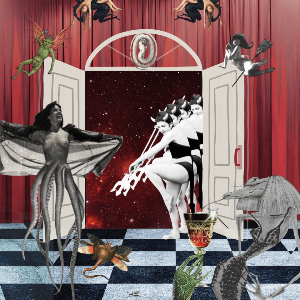 Surreal collage of horned dancers emerging through a doorway into a black-and-white checkered floor, with devils, hybrids, and red theatre curtains.